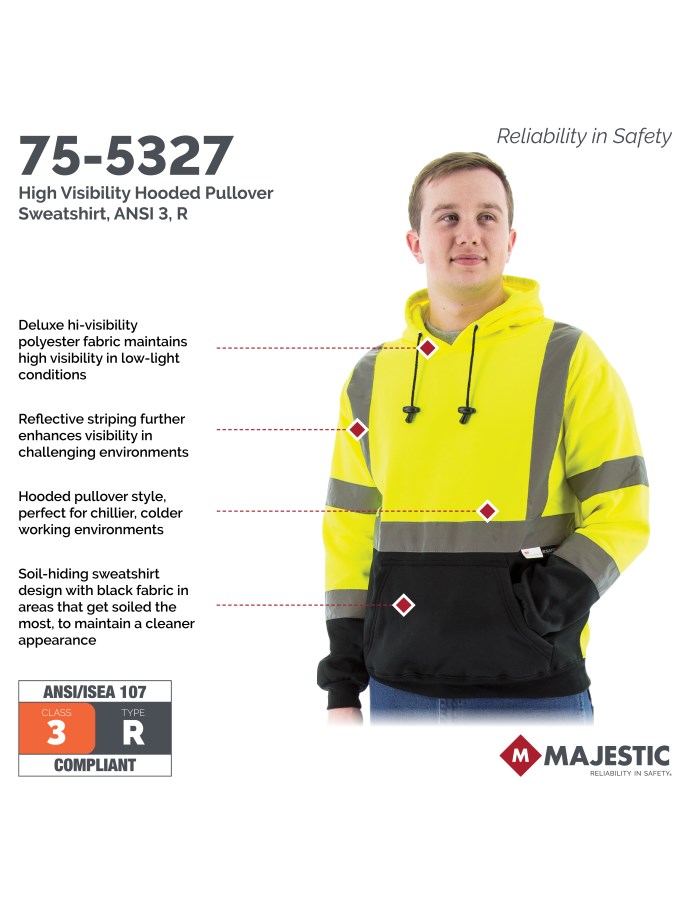 High Visibility Hooded Pullover Sweatshirt, ANSI 3, R | Majestic Glove
